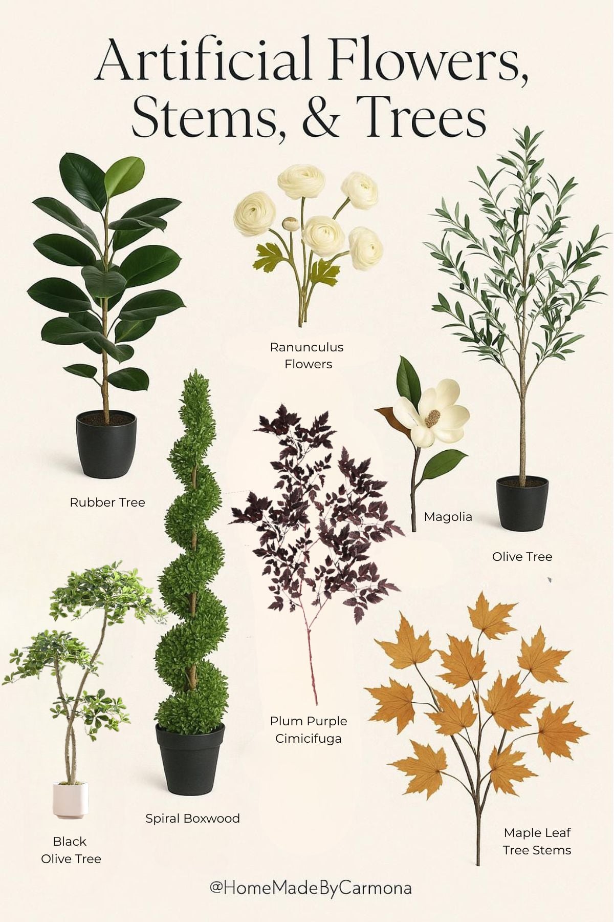 Moodboard of artificial flowers, stems and trees