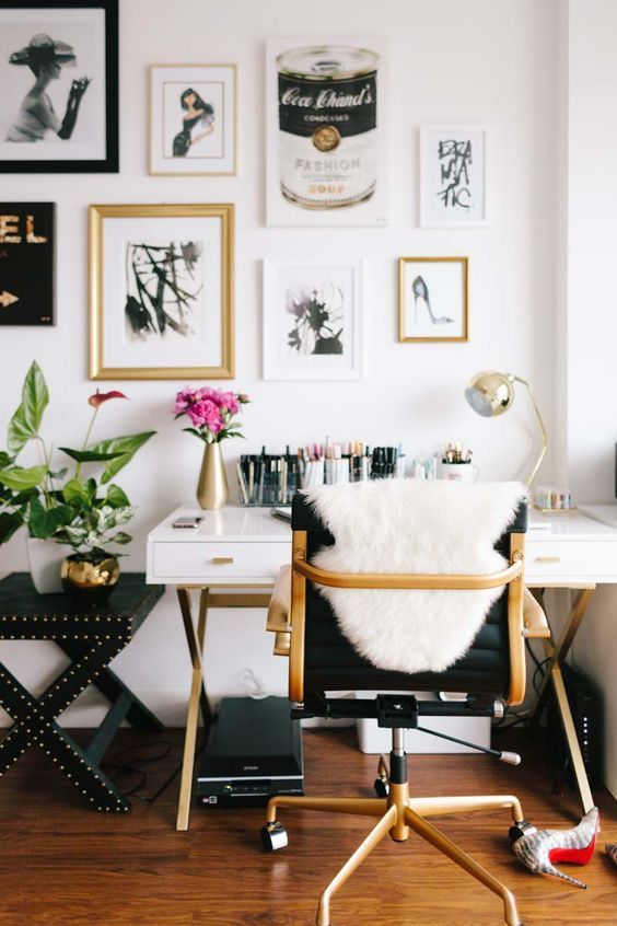 Gold black and white home office