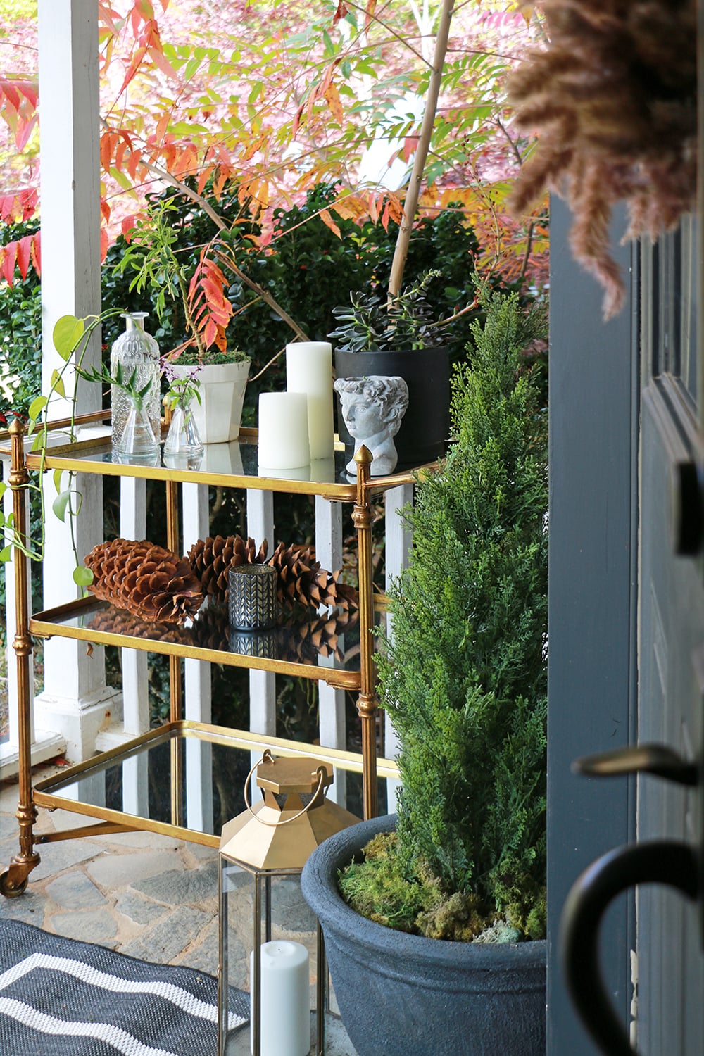 Front porch decor and bar cart for packages