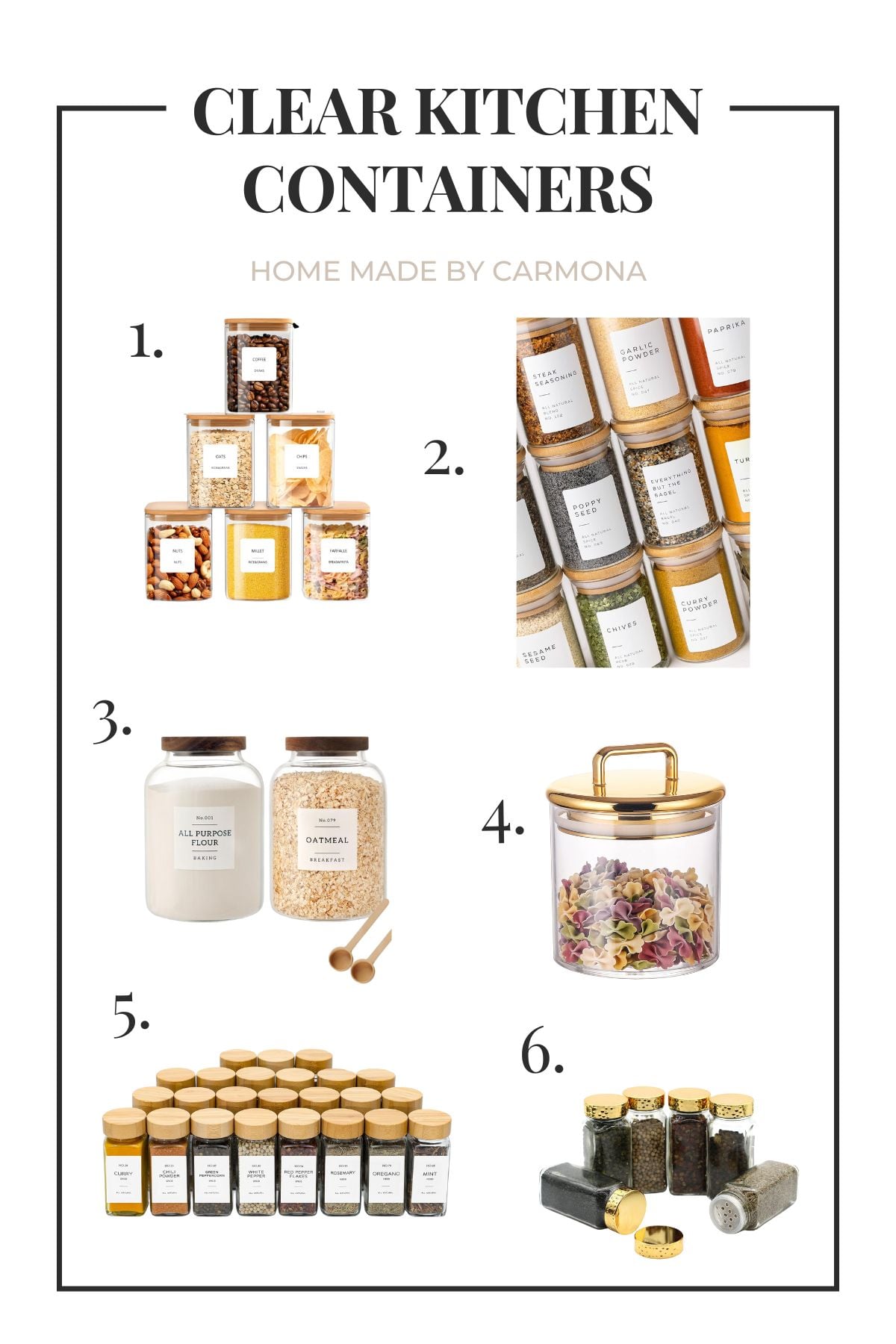 Clear kitchen canisters and spice containers