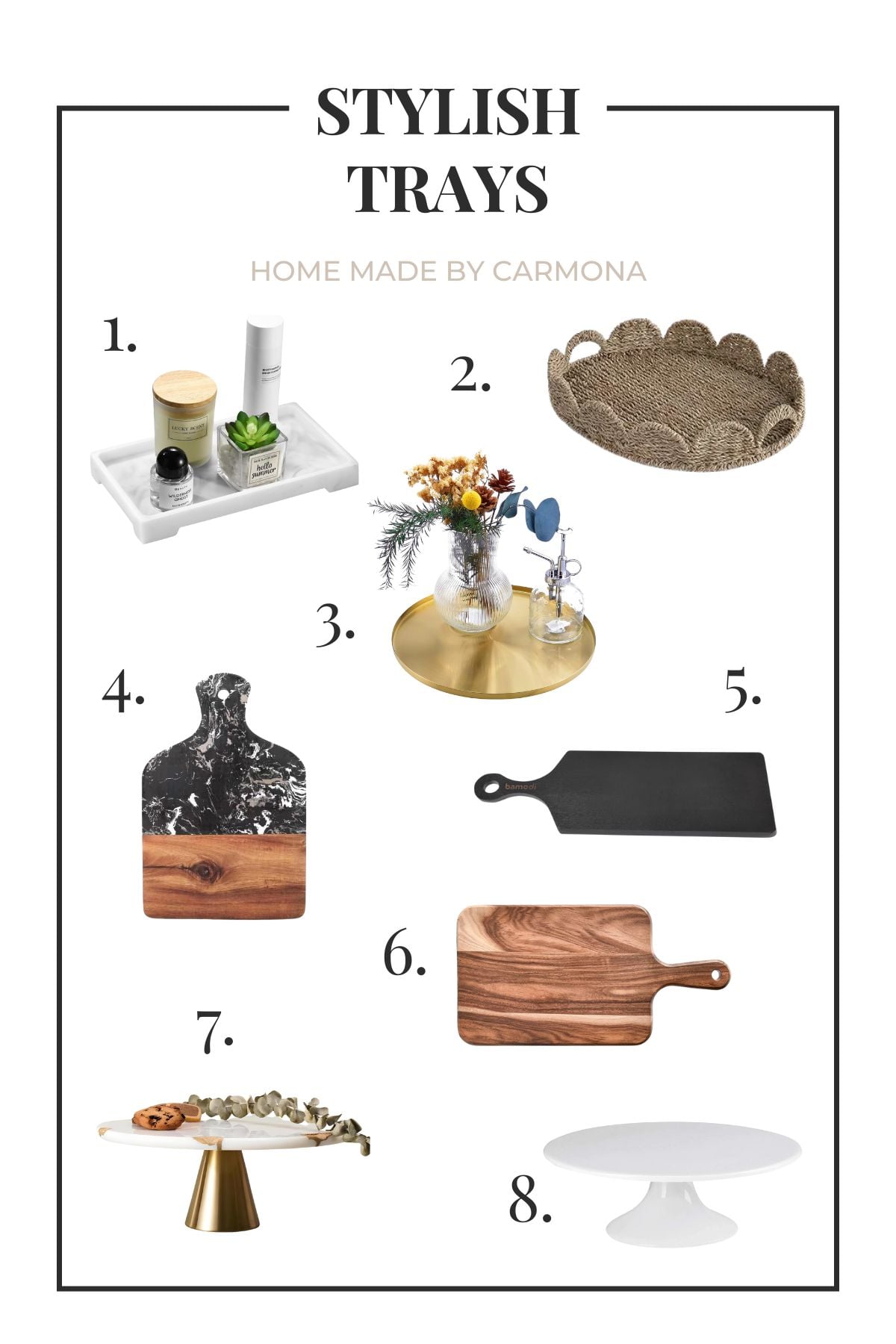 Stylish kitchen trays, chopping boards, and cake stands
