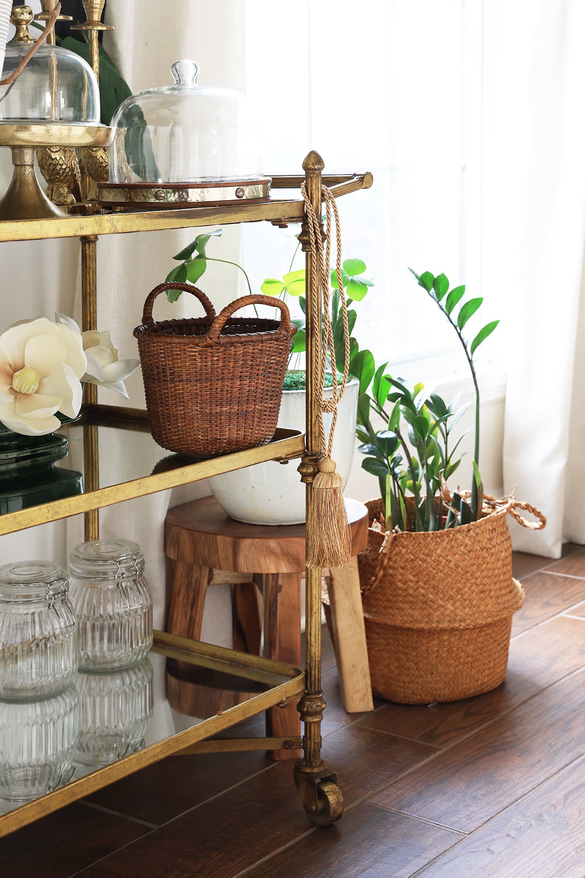 Bar cart with basket and accessories