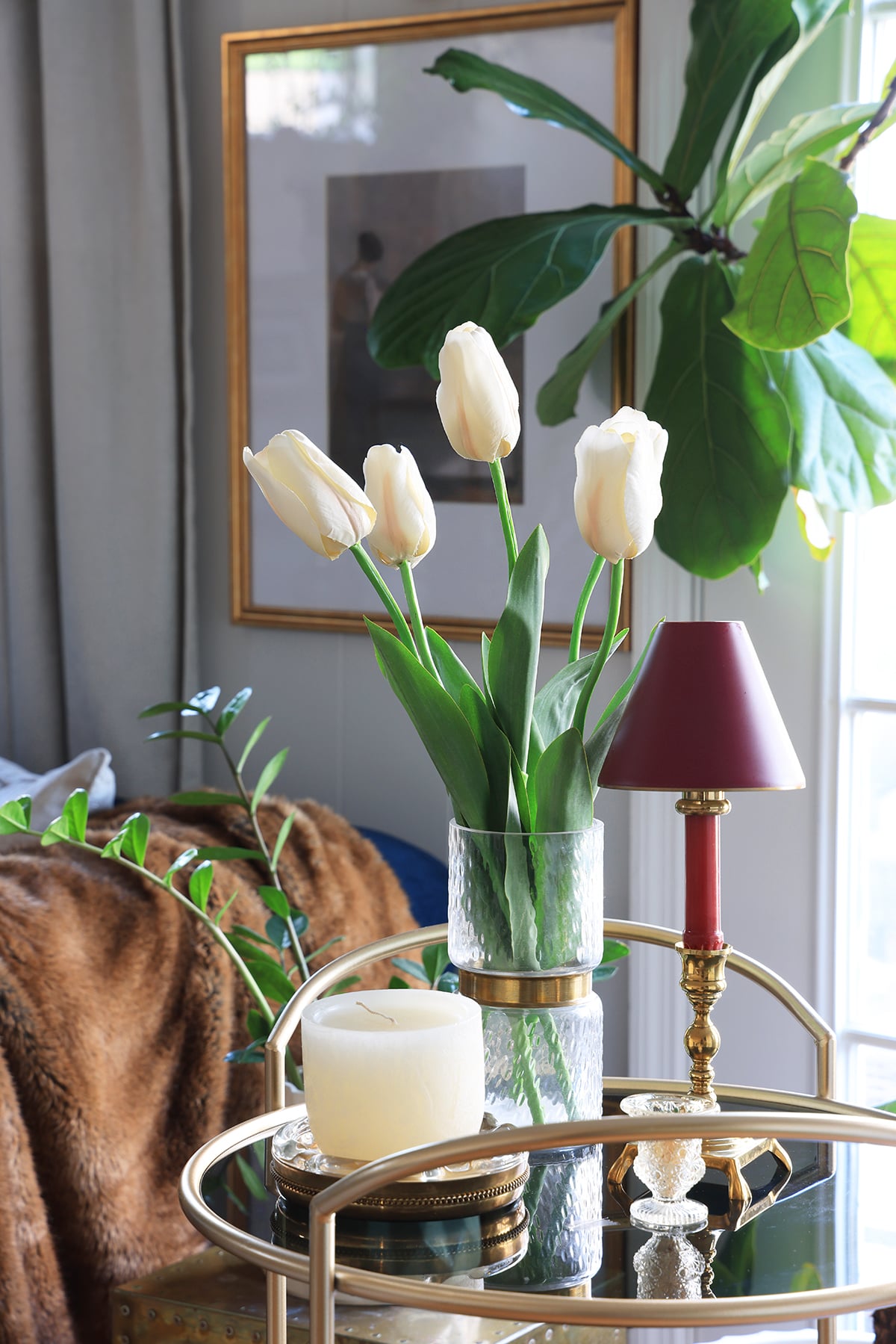 Bar cart with flowers and candles