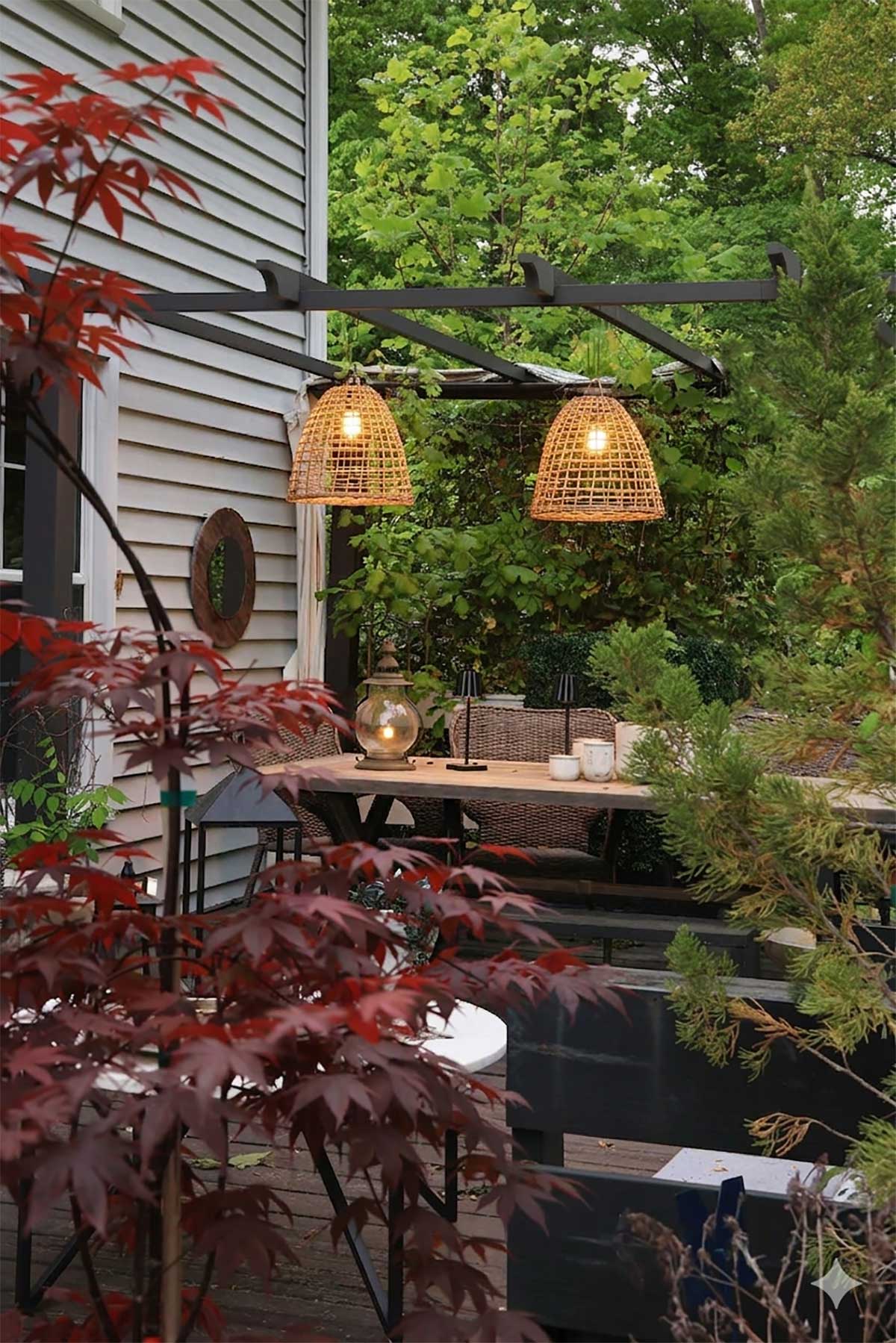 Deck with hanging basket pendant lights and red maple tree