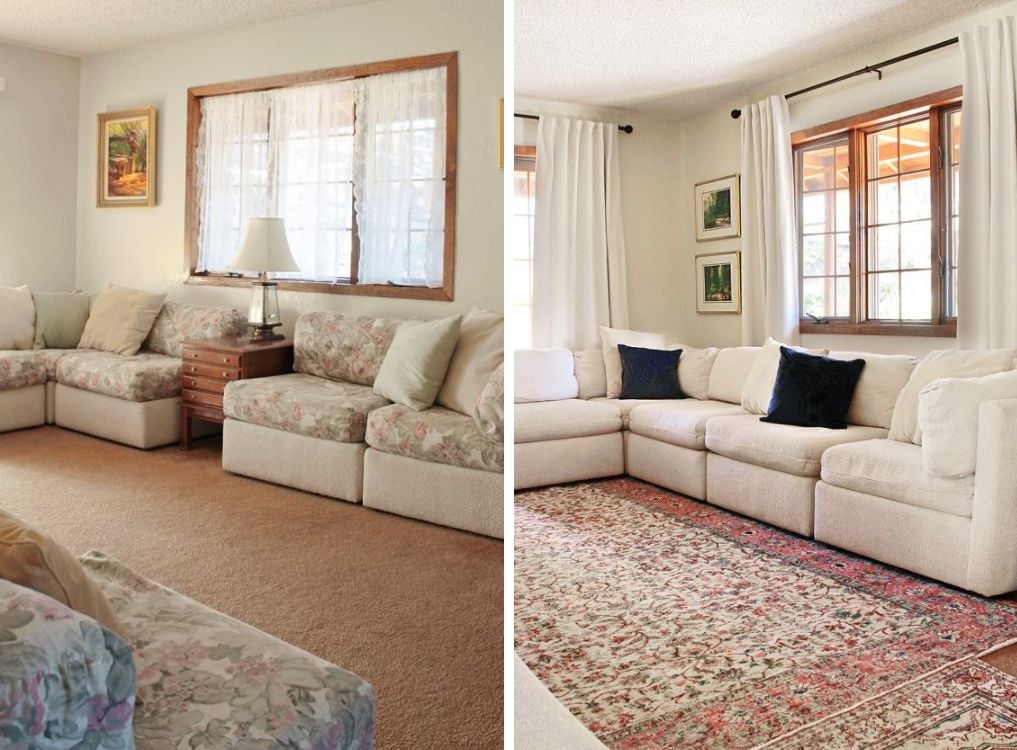 Updating a living room by covering the carpet with a rug