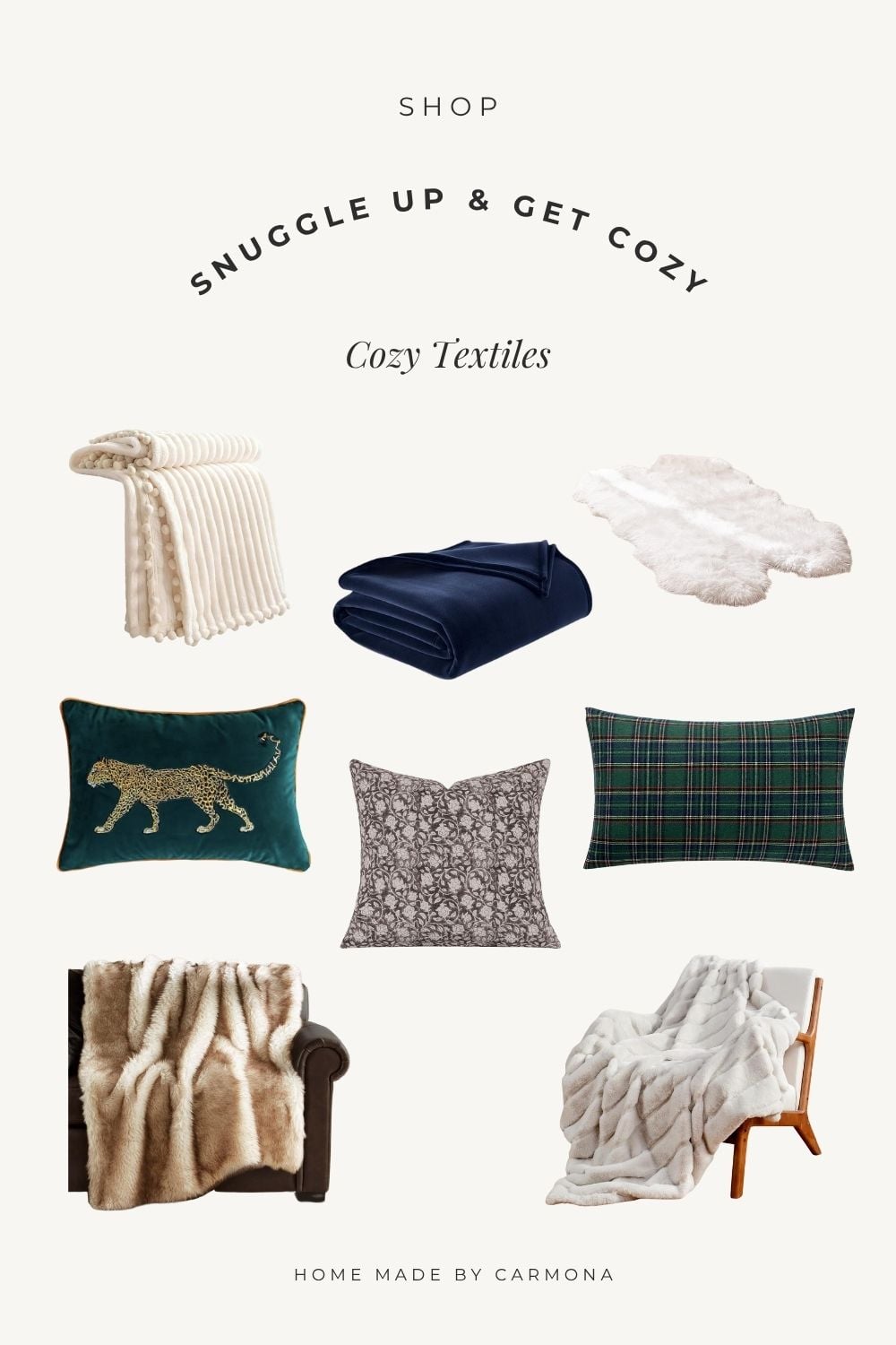Cozy textiles: blankets, throws, pillows, etc.
