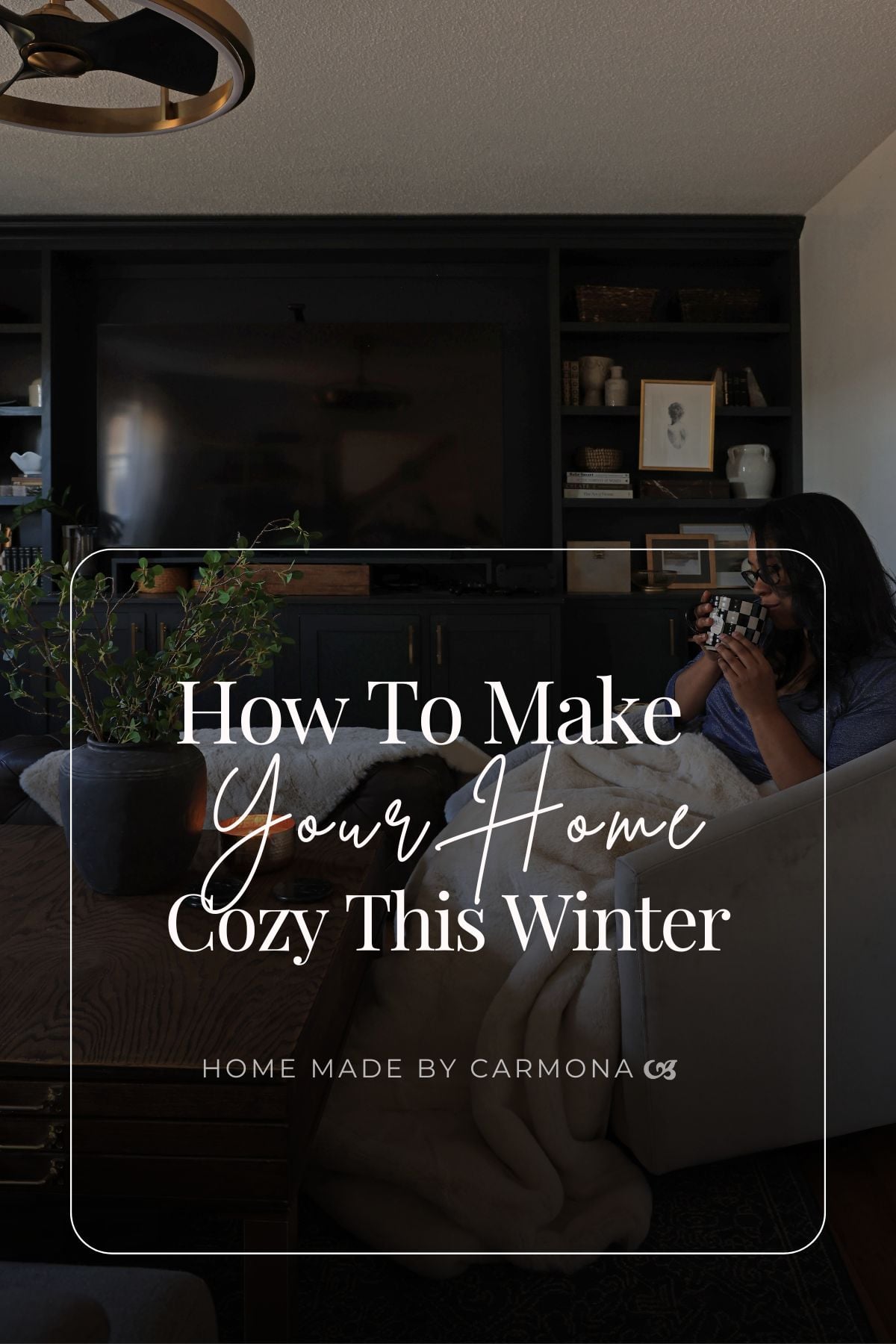 A cozy home with fur blanket, and person drinking tea