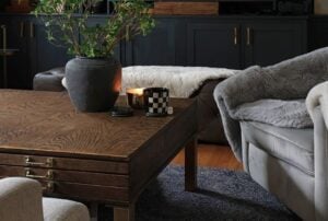 Tastefully-decorated living room with discrete toy storage