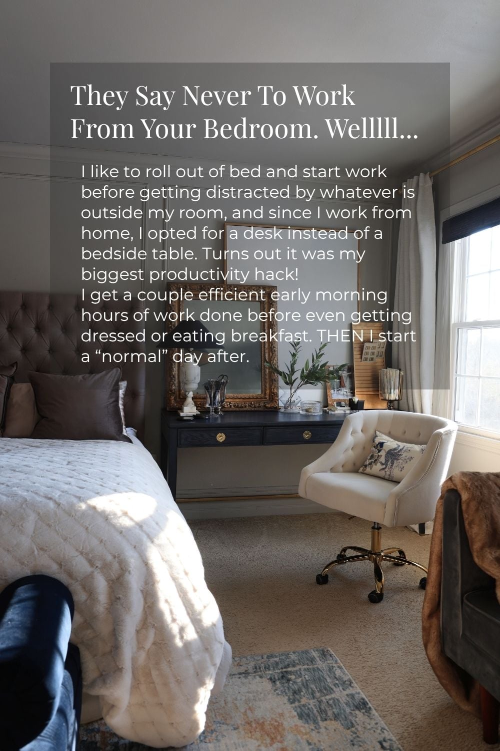 Bedroom workspace with a desk and rolling office chair for practical work-from-home life.