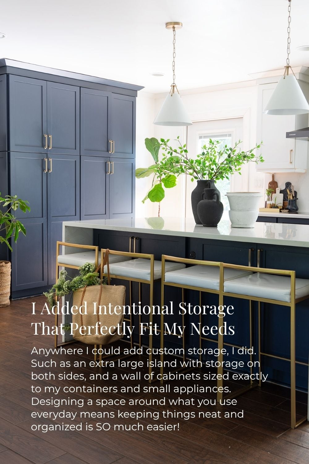Custom kitchen storage as a wall pantry and under-island storage for food or other kitchen accessories.