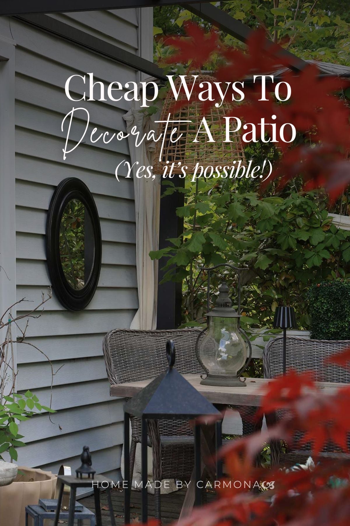 Thrifted mirrors, second-hand lanterns, and preloved furniture make decorating a patio on a budget very possible.