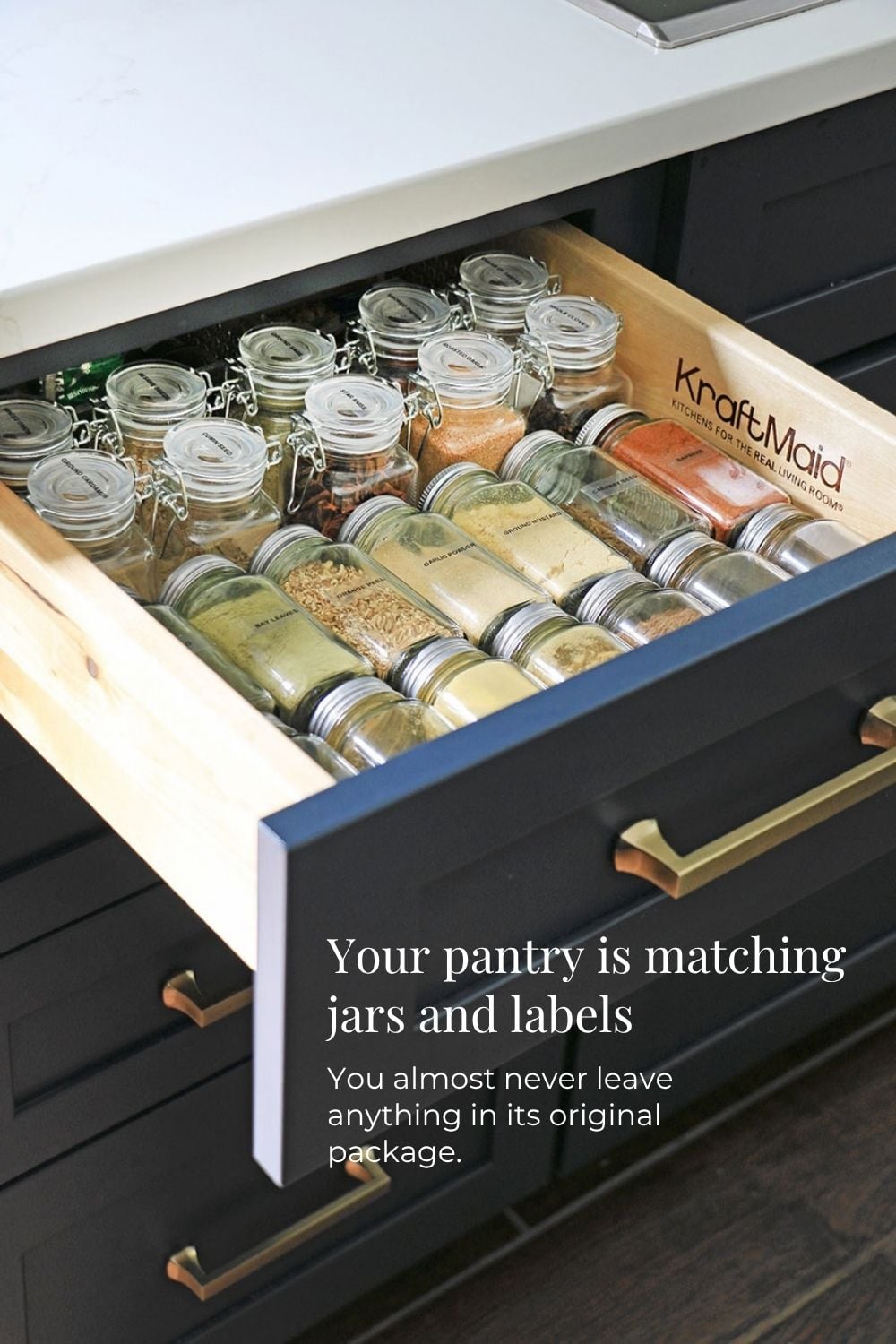 Kitchen drawer with labeled spice drawer