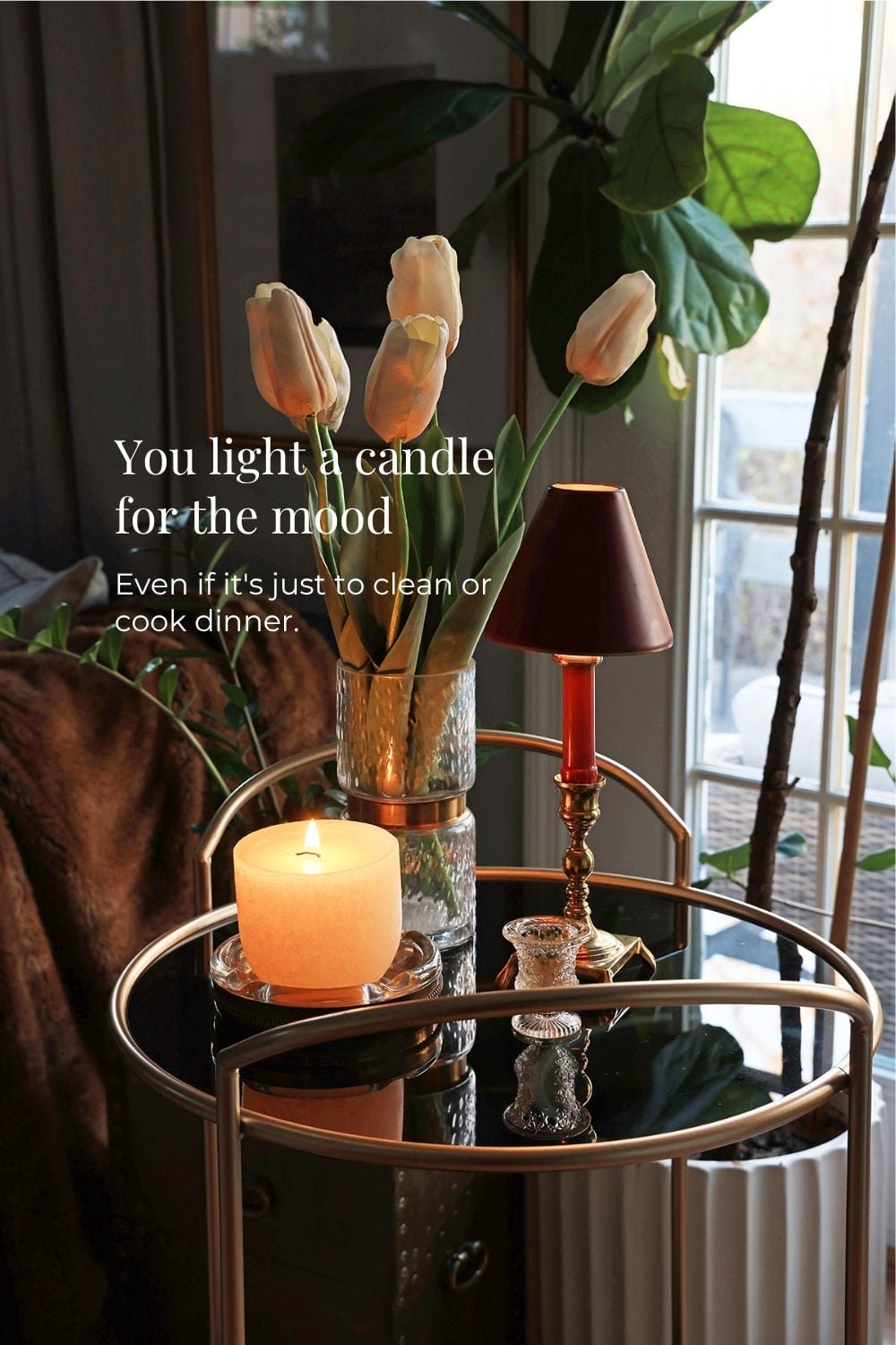 Warm candlelight glow with a lit candle.