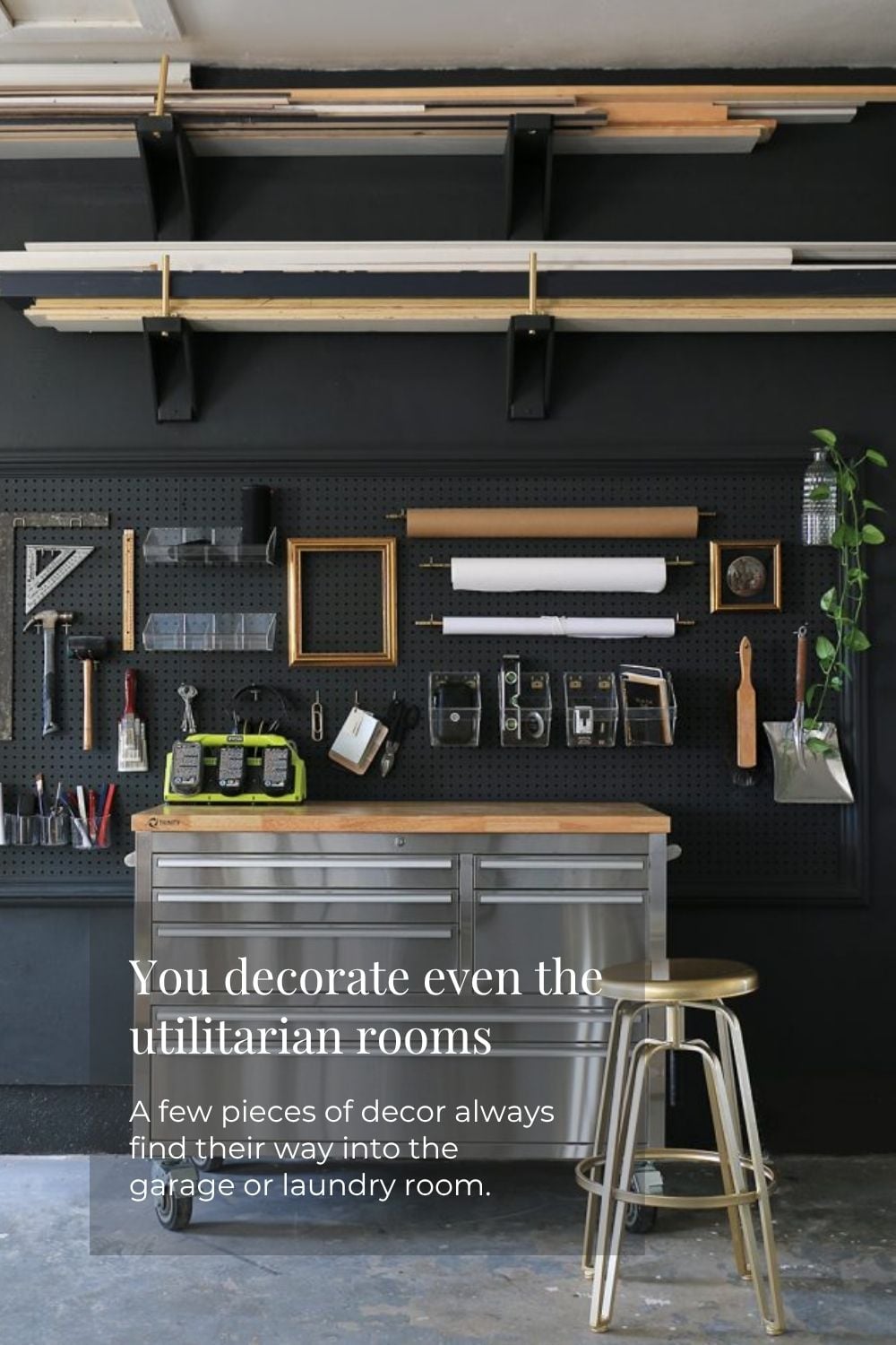 Garage with decorations and pegboard