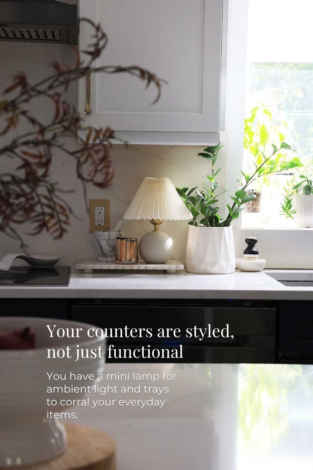 Kitchen counter with small lamp and tray